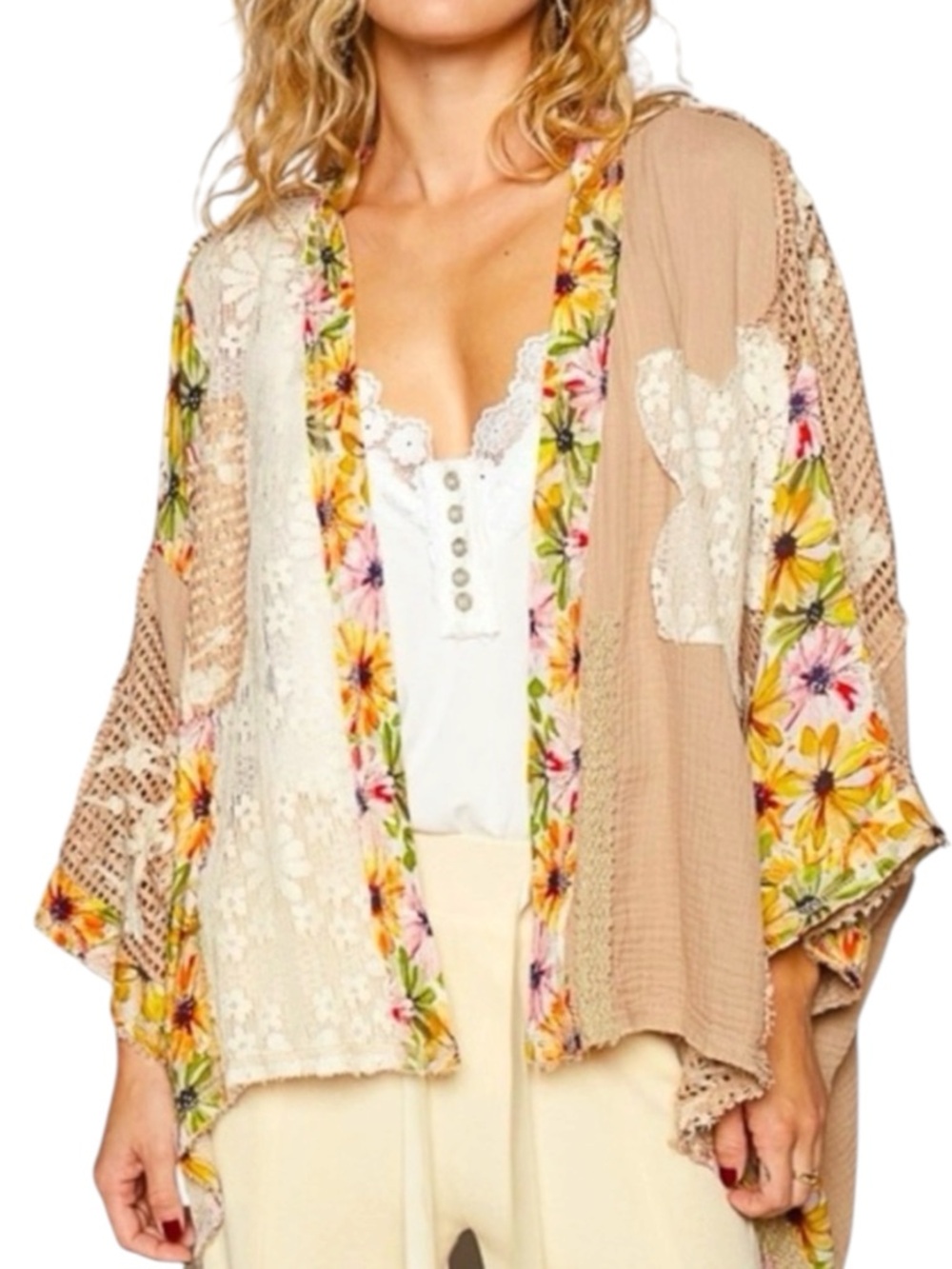 POL Floral Patchwork Kimono Cardigan - Beige & Yellow Large